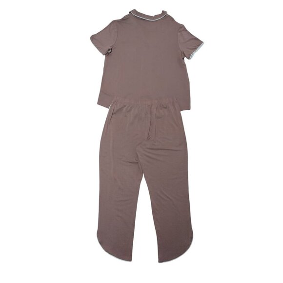 Women's short sleeve button down pajama set with pants in brown, size XS, NWT - Picture 2 of 8